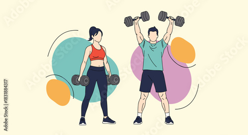 A man and a woman in athletic wear engaged in a dumbbell workout, demonstrating fitness and strength training exercises.