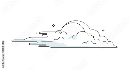 Stylized cloud illustration featuring a crescent moon and subtle stars, rendered in a clean, minimalist line art style with light blue accents, evoking tranquility.