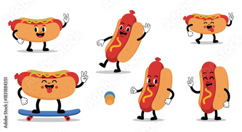 A playful collection of cheerful cartoon hot dog characters in various poses and expressions, including dancing, waving, and skateboarding.