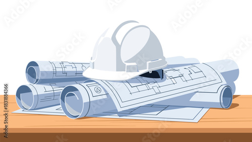 Construction blueprint plans with a hard hat, representing safety, precision, and expert planning for building and design projects