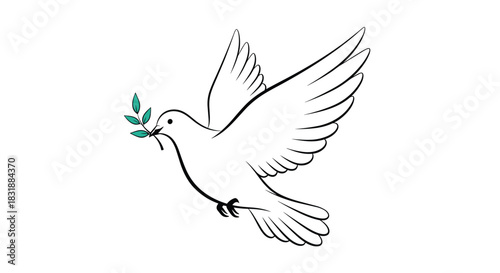 A graceful white dove in flight, carrying a vibrant green olive branch, beautifully symbolizes peace, hope, and new beginnings.