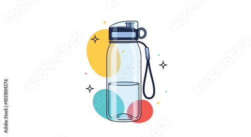 Minimalist illustration of a clear water bottle with a blue cap and strap, partially filled, surrounded by colorful abstract shapes and star accents.