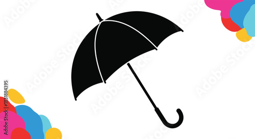 Minimalist illustration of a black umbrella on a white background with vibrant color blobs in the corners.