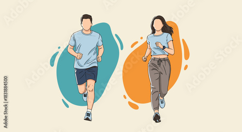 A man and a woman are seen running together in athletic wear, depicted in a stylized illustration with abstract background shapes.