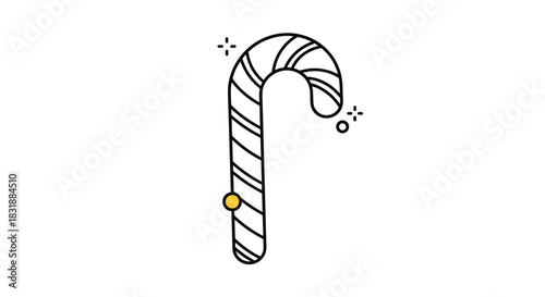 Simple line art illustration of a candy cane with stripes, a yellow dot, and festive sparkles on a white background.