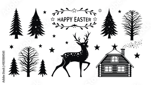 Whimsical black and white illustration of a happy easter scene featuring a majestic deer rustic log cabin evergreen trees bare trees and scattered stars against a clean white background