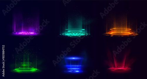 Colorful futuristic circle portal vector set, magic round teleport with glow rays and sparks, energy rings light aura