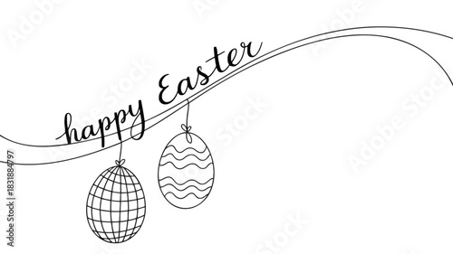 Simple black and white line art depicting happy easter with hanging decorative eggs