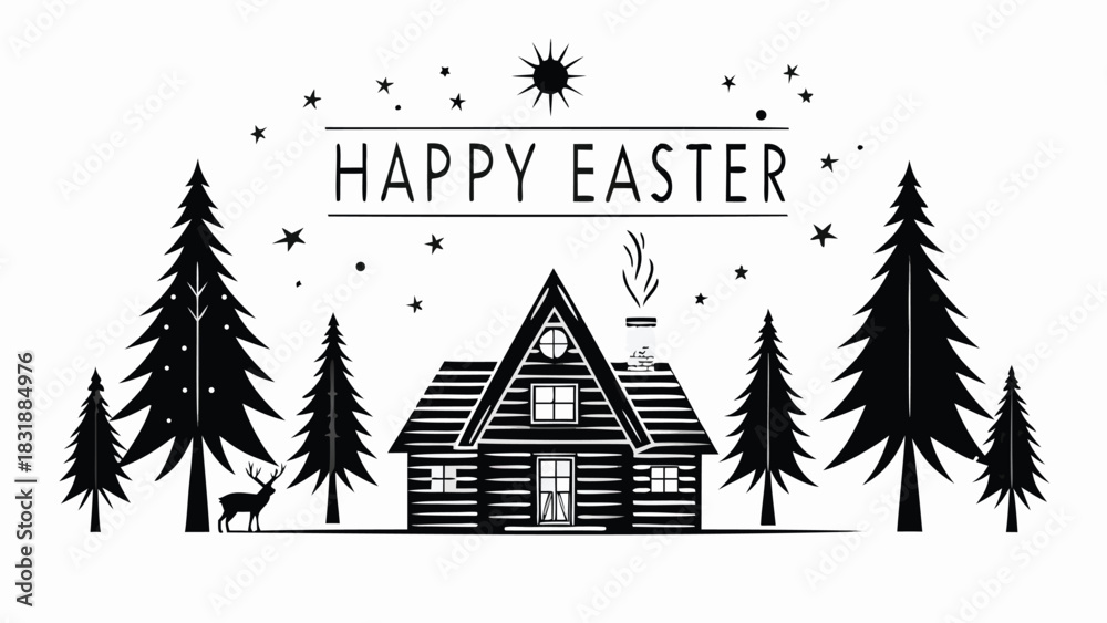 Obraz premium Happy easter greeting with a rustic cabin pine trees a deer and a starry sky creating a charming woodland holiday scene