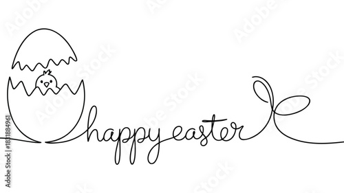 Charming single line drawing of a baby chick hatching from an easter egg with happy easter text