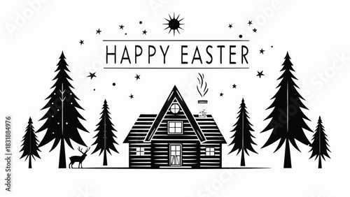 Happy easter greeting with a rustic cabin pine trees a deer and a starry sky creating a charming woodland holiday scene