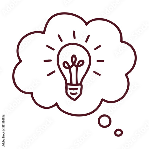 Shining lightbulb inside thought cloud represents creative idea or solution. Linear icon of electric lamp in speech bubble for brainstorming and intelligence concept.