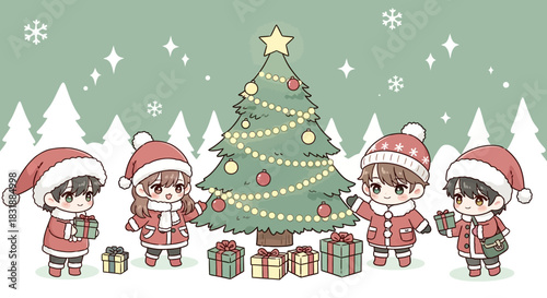 Charming holiday illustration featuring cute cartoon friends celebrating Christmas with a decorated tree, festive gifts, and a whimsical snowy background