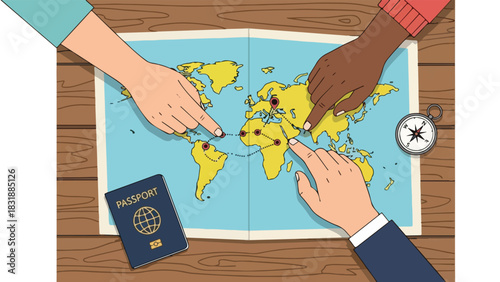 Group Planning Elegant Travel Itinerary on Vintage Map with Hands