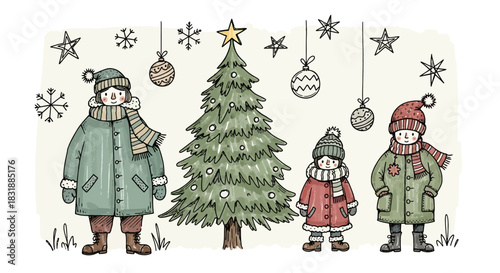 A festive illustration showcasing a family celebrating winter holidays with a decorated Christmas tree, capturing seasonal warmth and joy