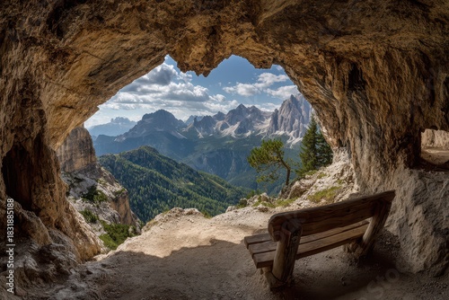 Breathtaking Panorama from Human-Created Caves in the Dolomites, Italy: A Scenic View of Limestone Mountains and Benches Overlooking the Alps