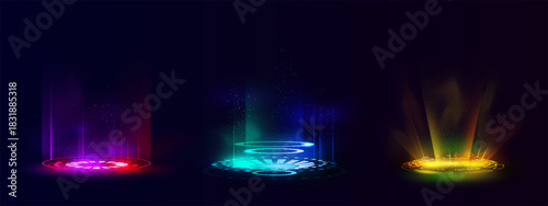 Colorful hologram futuristic circle portal vector set, magic light round teleport with glow rays and sparks, energy ring