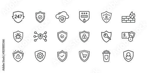 Cybersecurity and data protection shield line icons set, representing digital safety, network defense, online privacy, and secure transactions. Vector, illustration