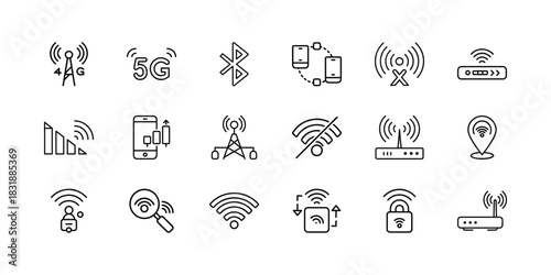 Versatile line icon collection representing wireless communication, mobile networking, wi-fi, 4g, 5g, bluetooth, signal strength, and connectivity concepts Vector, illustration