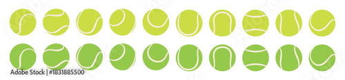 Collection of yellow and green tennis balls with different seam patterns. Flat vector illustration isolated on a white background.
