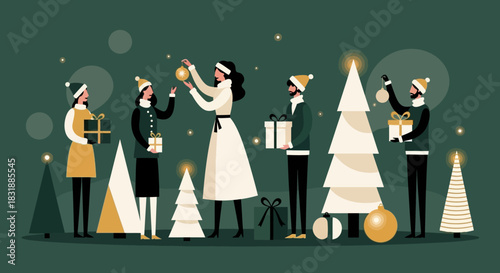 Diverse group of friends and family joyfully celebrating the winter holidays, decorating festive Christmas trees, and exchanging thoughtful gifts in a heartwarming gathering