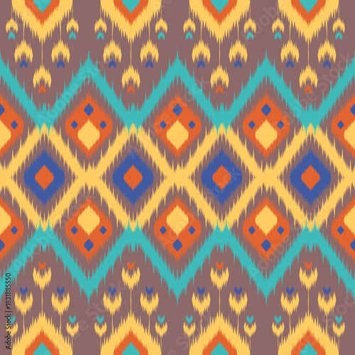 Tropical Flame Ikat Design with Saturated Color Strands and Energetic Rhythmic Lines