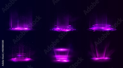 Glowing purple round neon portals of various shapes and a holographic effect.
