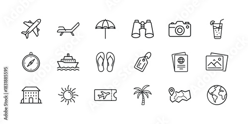 Outdoor adventure and camping activity line icons set featuring various symbols for exploration, nature, travel, recreation, and wilderness survival kit elements. Vector, illustration