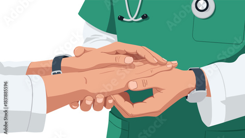 Compassionate doctor offers reassuring touch during patient visit providing comfort and empathy in modern healthcare setting with stethoscope