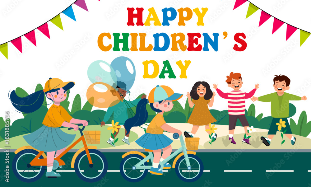 Fototapeta premium Six cheerful kids ride and play outdoors on Children's Day. A vibrant festive scene full of joy and motion.