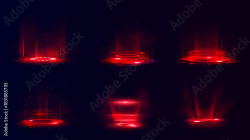 A set of round neon portals with red energy flow lines. Virtual interface with futuristic circles.
