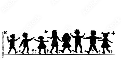 Silhouetted children dance and play together. A clean minimal illustration of joy and unity.
