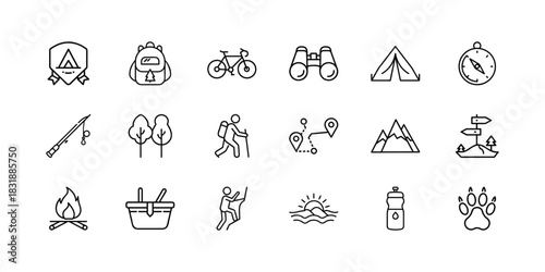 Photography and image editing line icons set. digital camera settings, photo adjustments, crop, zoom, panorama, and filter tools. Vector, illustration