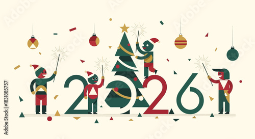 Festive elves celebrating the New Year 2026 by decorating a Christmas tree with sparklers and confetti