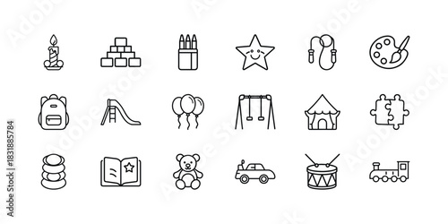 A collection of diverse line icons representing childhood activities, toys, education, and play; perfect for children-related graphic designs. Vector, illustration