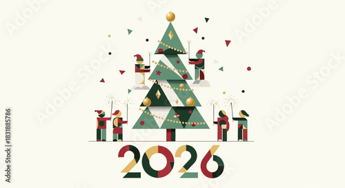 Stylized illustration of people in folk costumes decorating a Christmas tree for the New Year 2026 celebration