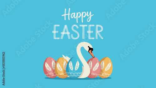 A white swan stands guard over decorated easter eggs on a bright blue background