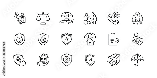 Insurance and protection outline icons set. various linear symbols for coverage, safety, and security. health, car, home, travel, life, and financial policies on white background. Vector, illustration