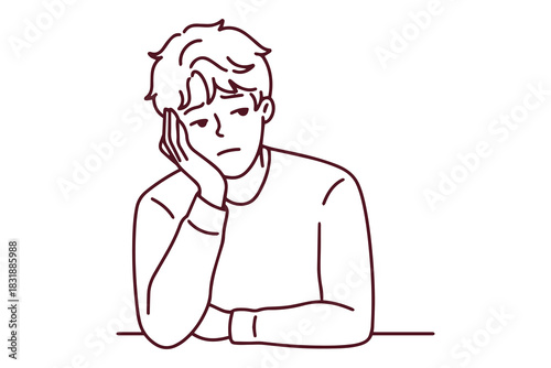 Black and white outline of sad guy sitting with apathy. Linear drawing of tired man suffering from burnout or depression looking indifferent.