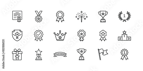 Achievement and success line icon set including trophies, medals, certificates, crowns, and podiums. vector collection of victory symbols. Vector, illustration