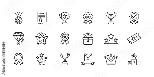 Award and achievement outline icons set. trophies, medals, stars, certificates, recognition ribbons, and success symbols for victory and quality. Vector, illustration