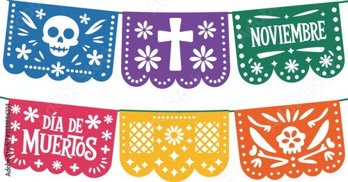 Papel Picado Guirnalda para Día de Muertos Inspirada en la Tradición Mexicana con Diseños Decorativos Recortados y Motivos Festivos en Estilo Cultural Popular