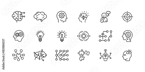 Artificial intelligence, machine learning, and human creativity vector icon set. brain, gears, lightbulb, and logical process icons for tech concepts. Vector, illustration