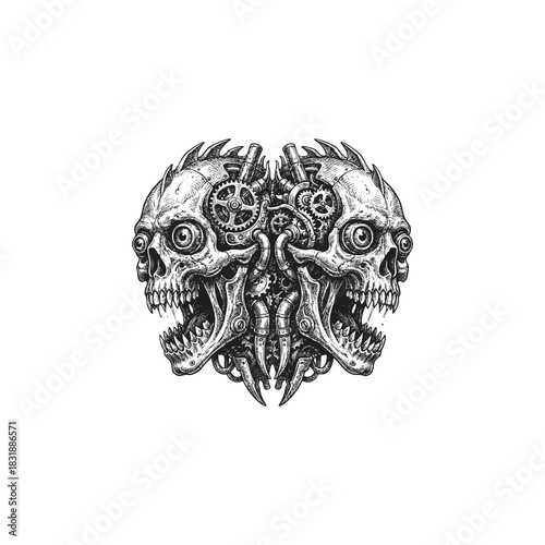 Surreal illustration of a horrifying two-headed monster formed by screaming skulls fused with exposed mechanical gears, pipes, and metal spikes