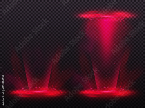 A neon red set of holographic teleporters with a glow effect, energy lines, and magical particles.