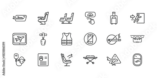 A comprehensive set of outline icons illustrating various aspects of air travel, aviation safety, flight regulations, and passenger comfort elements. Vector, illustration