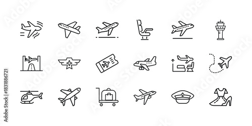 A comprehensive collection of airline and airport travel vector line icons, featuring planes, control tower, tickets, and aviation journey symbols. Vector, illustration