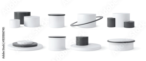 A 3D set of cylindrical geometric podiums, black and white, of various shapes.