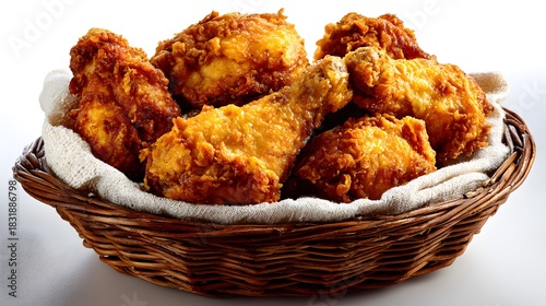 basket of crispy golden fried chicken legs and wings shows appetizing texture under studio lighting isolated on a white background.