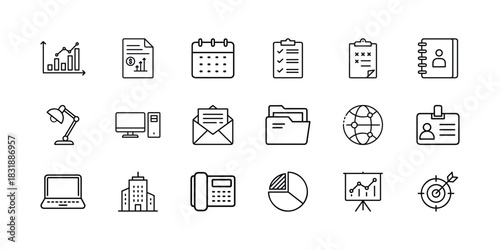Business and office line icons set with data analytics, financial reports, task management, global communication, and strategic goal planning symbols. Vector, illustration
